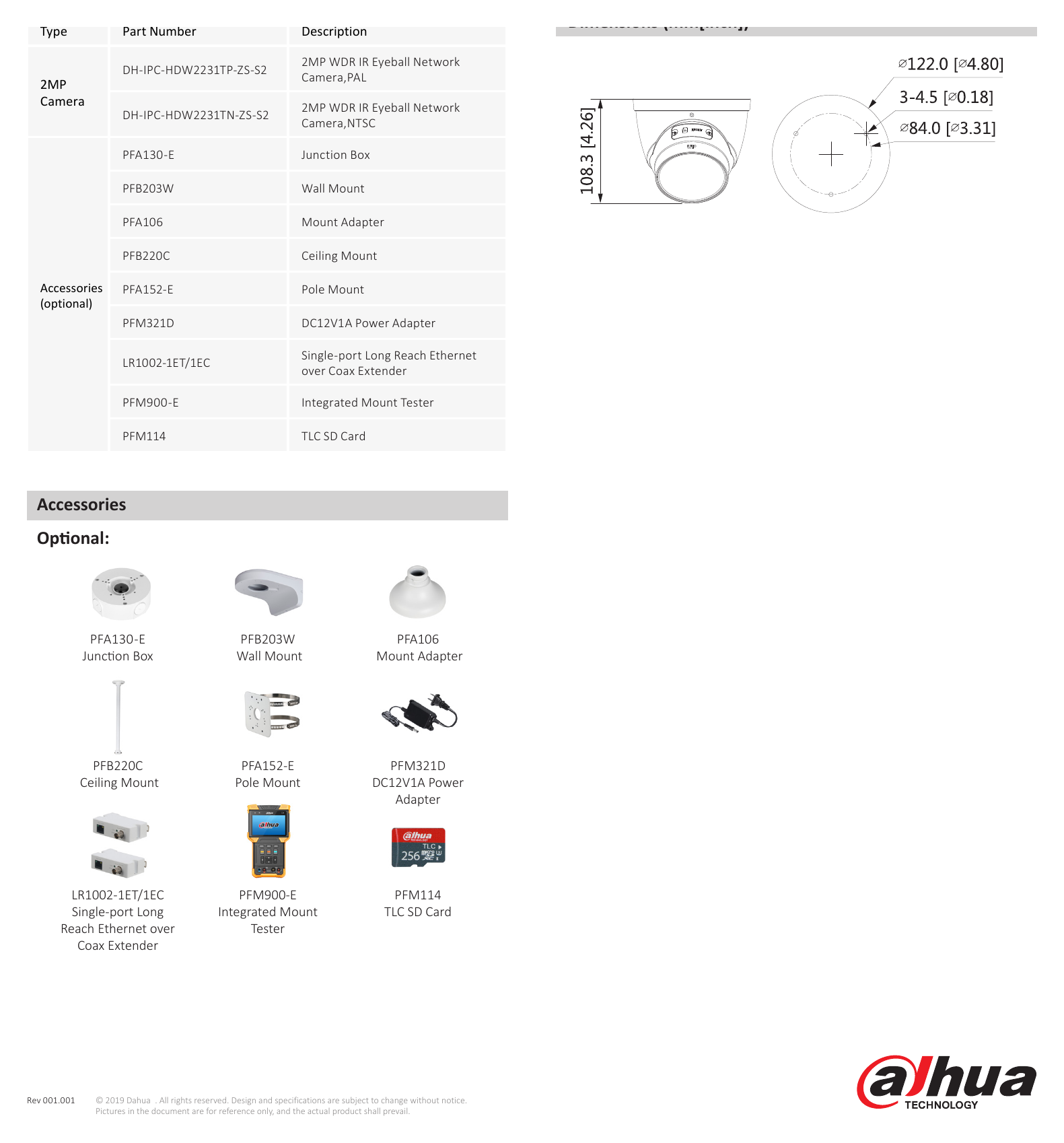 DH-IPC-HDW2231T-ZS-S2-DATASHEET-191011 外形尺寸圖 108.3 mm × Φ122 mm (4.26" × Φ1.80")｜Unit: mm