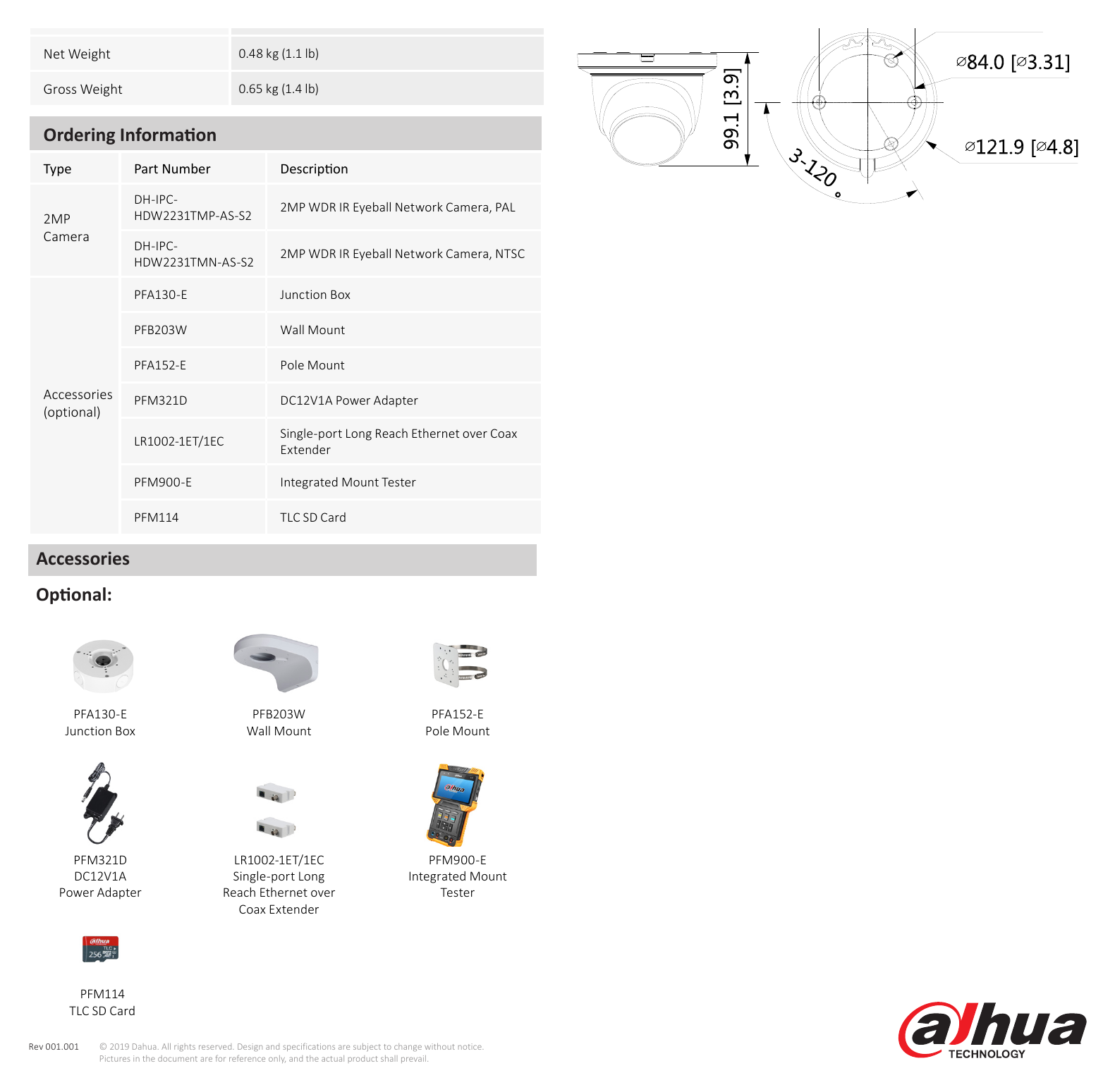 DH-IPC-HDW2231TM-AS-S2-DATASHEET-191011 外形尺寸圖 99.1 mm × Φ121.9 mm (3.9" × Φ4.8")｜Unit: mm