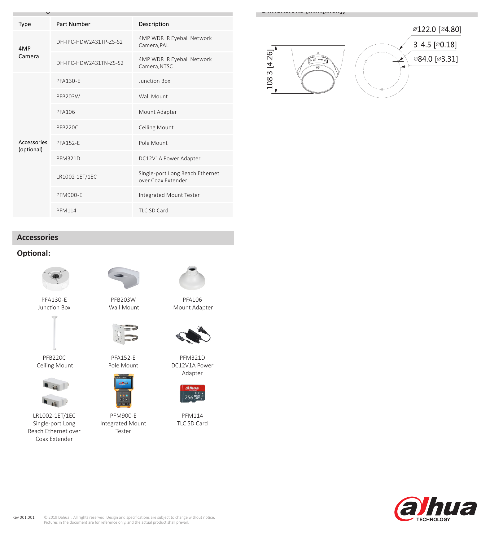DH-IPC-HDW2431T-ZS-S2-DATASHEET-191011 外形尺寸圖 108.3 mm × Φ122 mm (4.26" × Φ1.80")｜Unit: mm