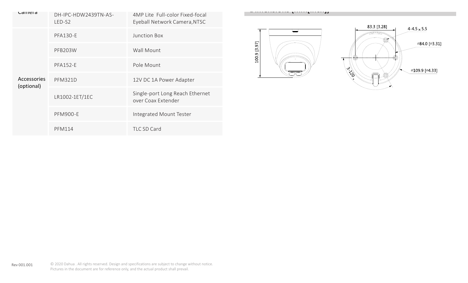 DH-IPC-HDW2439T-AS-LED-S2 外形尺寸圖 100.9 mm × Φ109.9 mm (4.0" × Φ4.3")｜Unit: mm