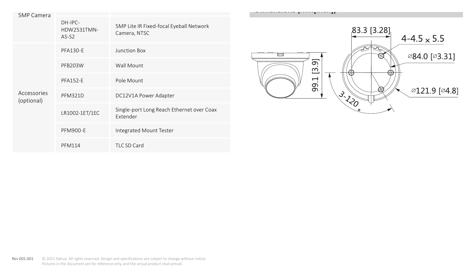 DH-IPC-HDW2531TM-AS-S2 外形尺寸圖 99.1 mm × Φ121.9 mm (3.9" × Φ4.8")｜Unit: mm