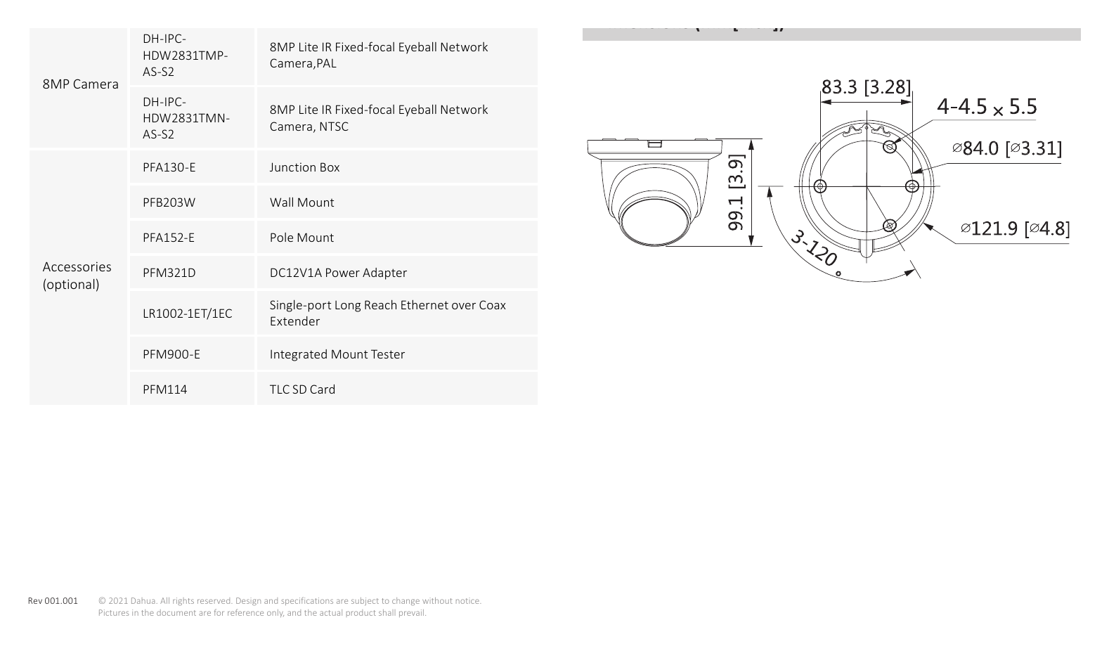 DH-IPC-HDW2831TM-AS-S2 外形尺寸圖 99.1mm × Φ121.9 mm (3.9" × Φ4.8")｜Unit: mm