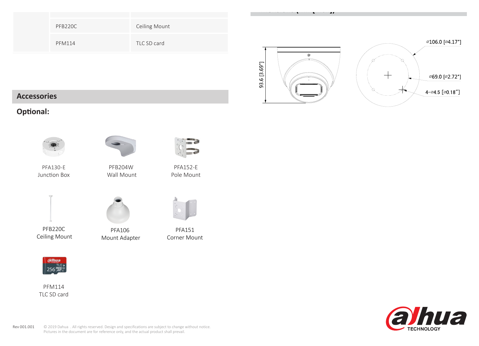 DH-IPC-HDW3241EM-AS 外形尺寸圖 Φ106 mm × 93.6 mm (4.17” × 3.69”)｜Unit: mm