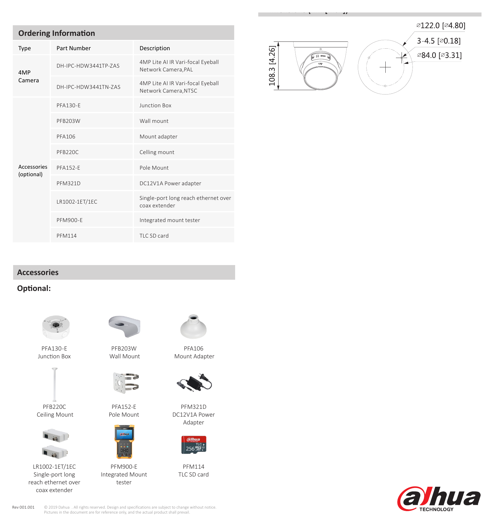 DH-IPC-HDW3441T-ZAS 外形尺寸圖 108.3 mm × Φ122 mm (4.3" × Φ4.8")｜Unit: mm