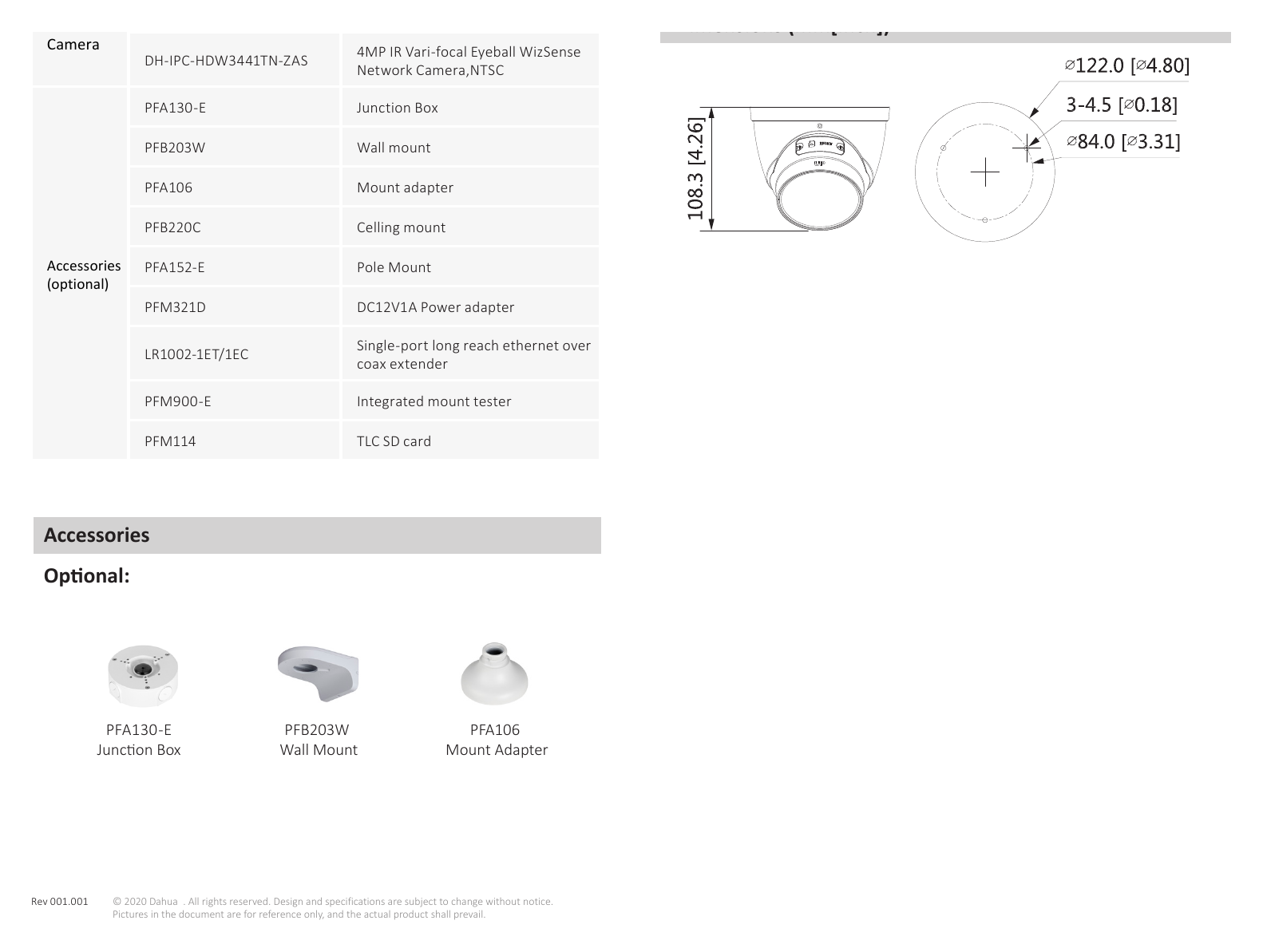 DH-IPC-HDW3441TP-ZAS 外形尺寸圖 108.3 mm × Φ122 mm (4.3" × Φ4.8")｜Unit: mm