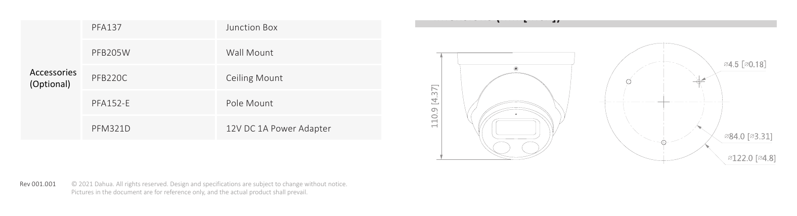 DH-IPC-HDW3449H-AS-PV 外形尺寸圖 Φ122.0 mm × 110.9 mm (Φ4.8" × 4.4")｜Unit: mm