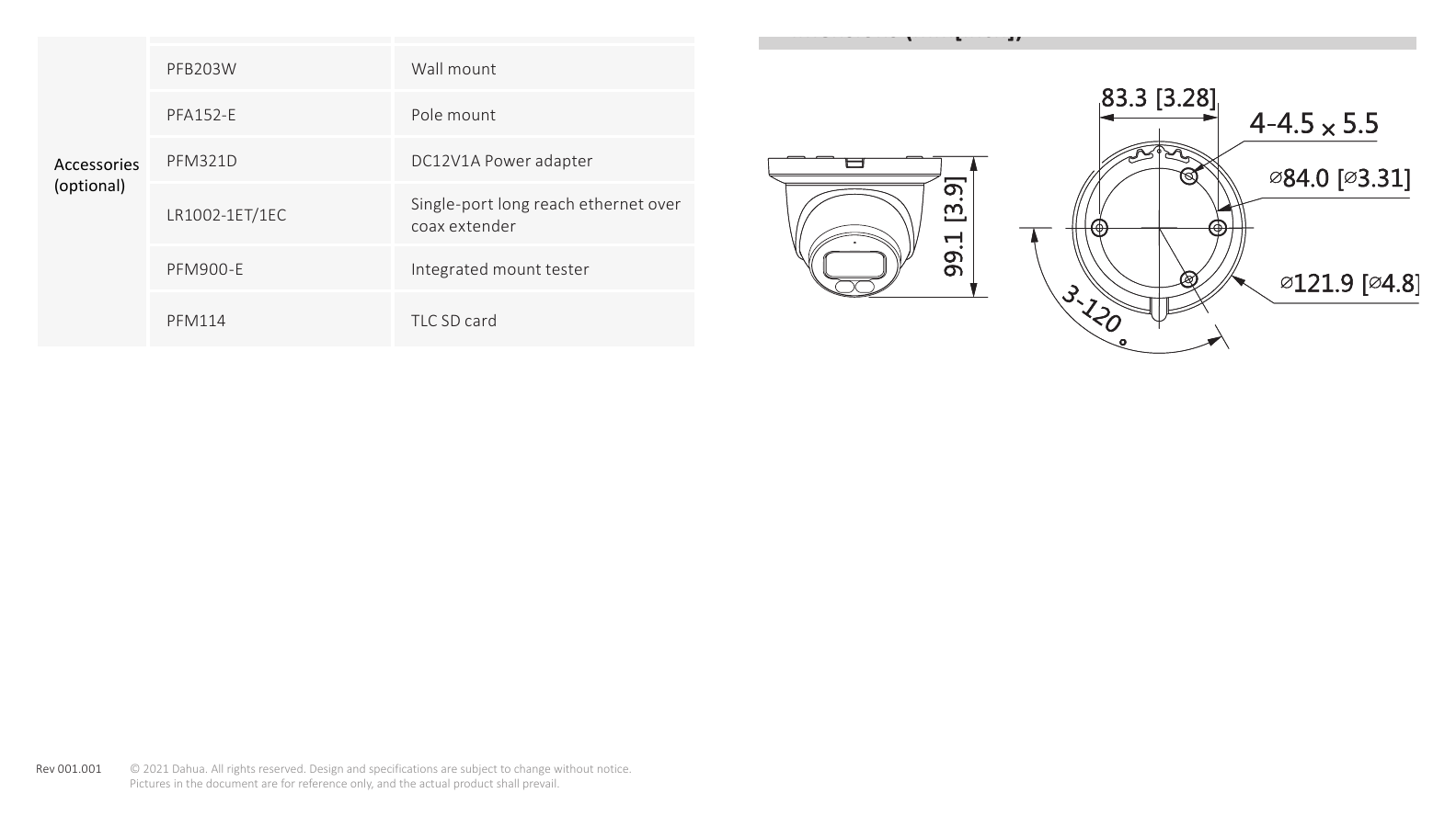 DH-IPC-HDW3449TM-AS-LED 外形尺寸圖 99.1 mm × Φ121.9 mm (3.9" × Φ4.8") PFM114｜Unit: mm