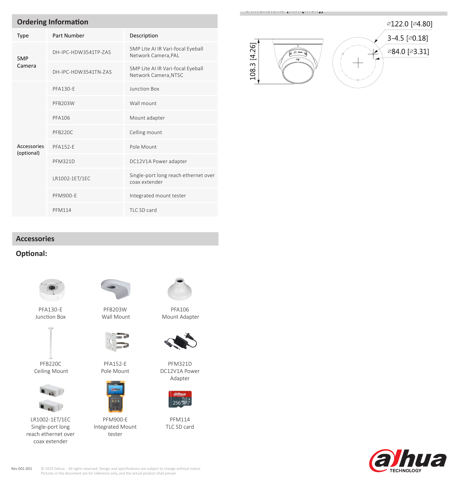 DH-IPC-HDW3541T-ZAS 外形尺寸圖 108.3 mm × Φ122 mm (4.3" × Φ4.8")｜Unit: mm