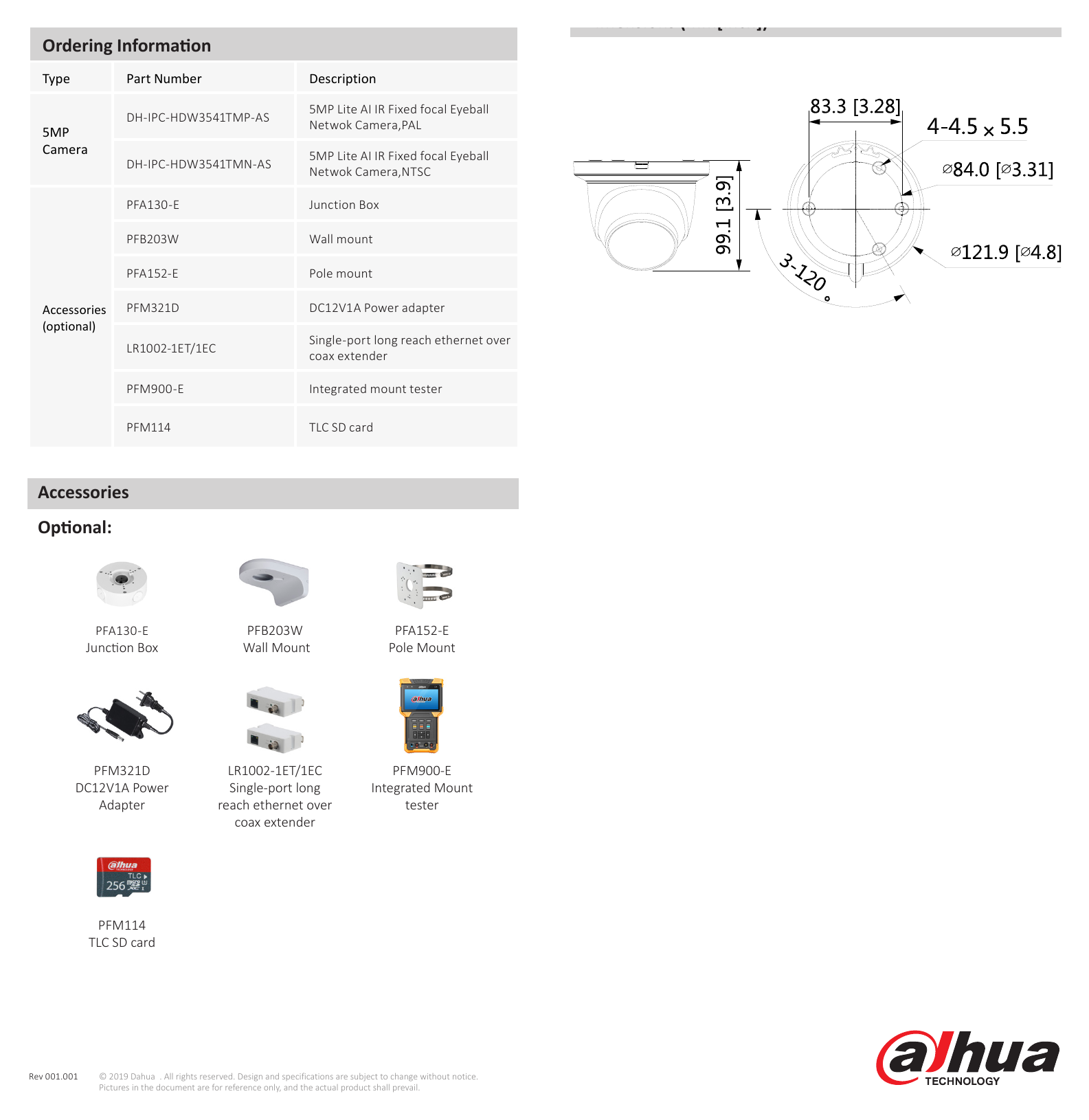 DH-IPC-HDW3541TM-AS 外形尺寸圖 99.1 mm × Φ121.9 mm (3.9" × Φ4.8")｜Unit: mm