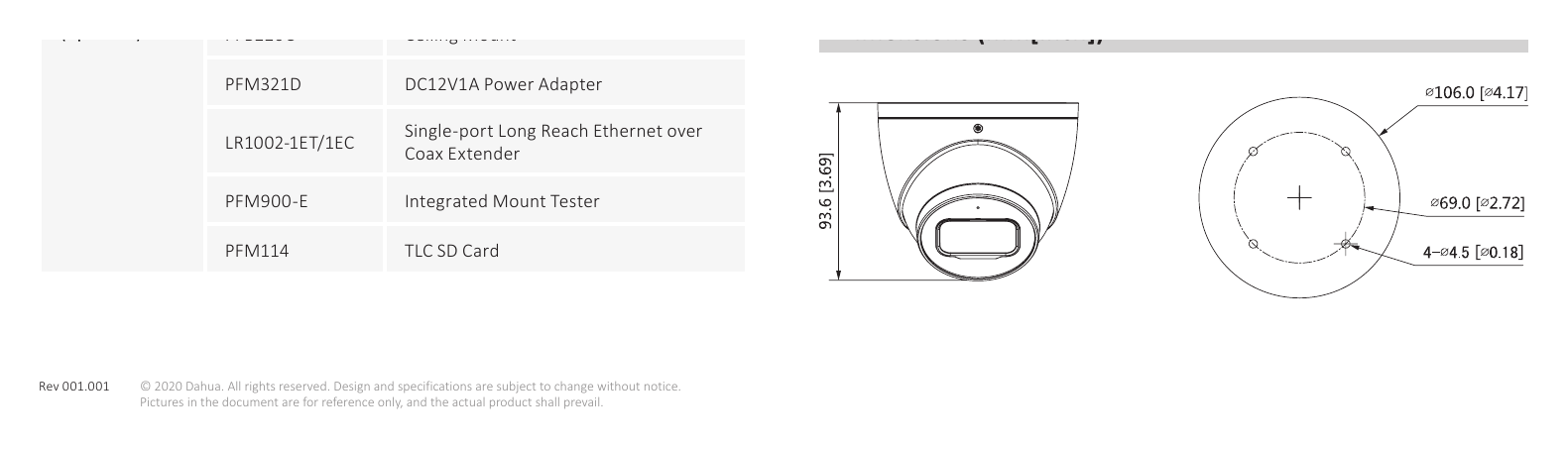 DH-IPC-HDW3641EM-S-S2 外形尺寸圖 Φ106 mm × 93.6 mm (Φ4.17” × 3.69”) TLC SD Card｜Unit: mm