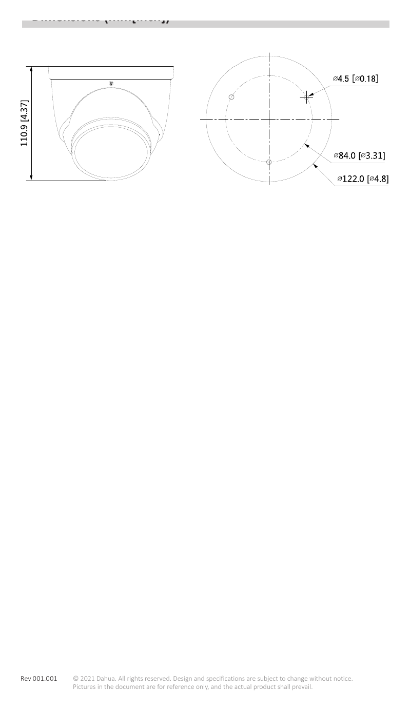 DH-IPC-HDW3849H-AS-PV-S3 外形尺寸圖 110.9 mm × Φ122.0 mm (4.4" × Φ4.8")｜Unit: mm