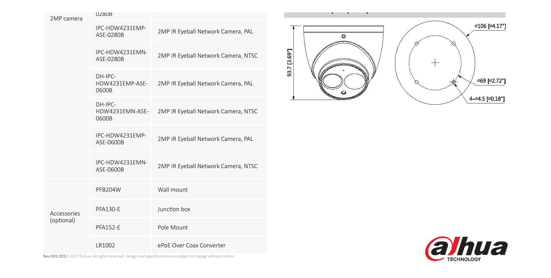 DH-IPC-HDW4231EM-ASE 外形尺寸圖 Φ106mm×93.7mm (4.17”×3.69”)｜Unit: mm