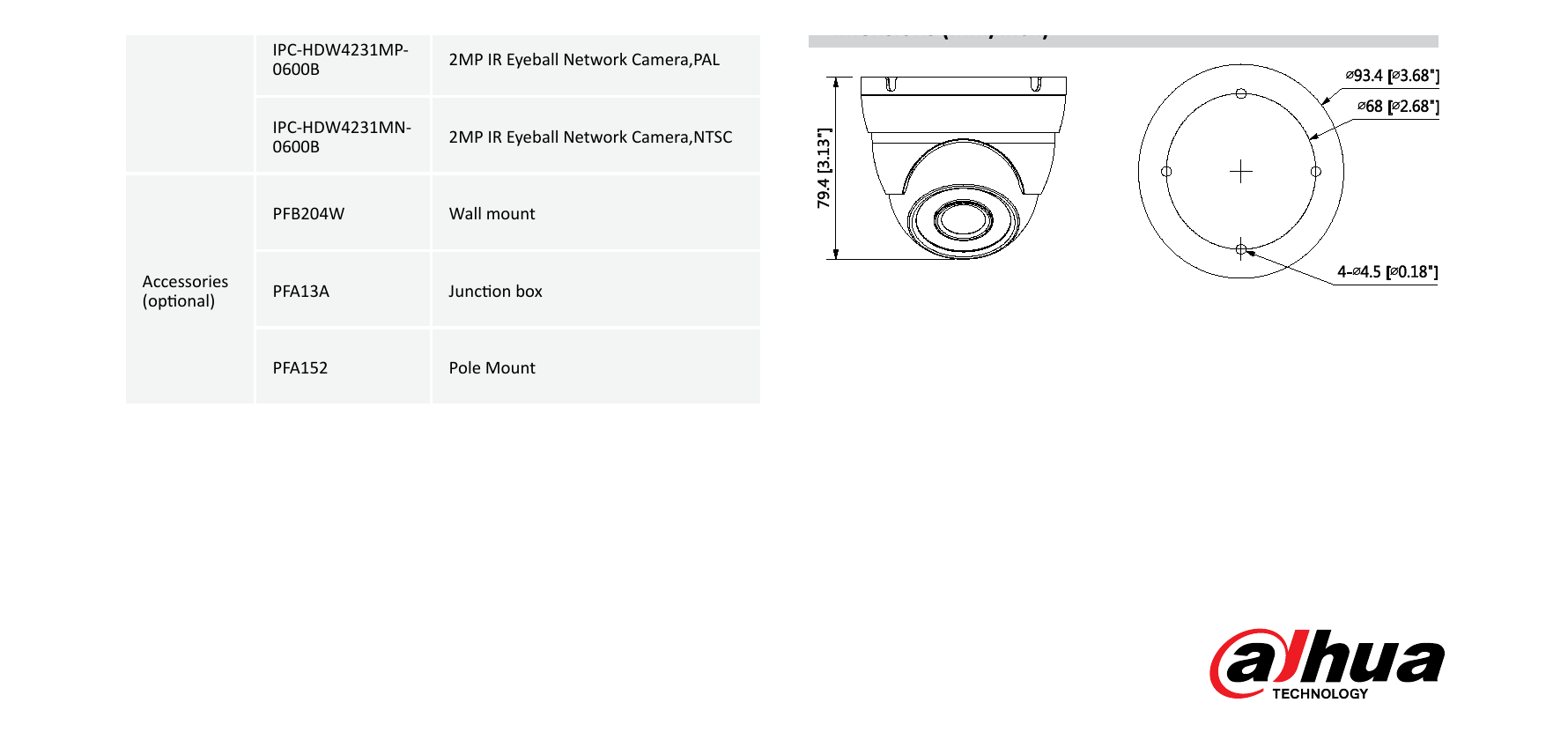 DH-IPC-HDW4231M 外形尺寸圖 Φ93.4mm×79.4mm (3.68”×3.13”)｜Unit: mm