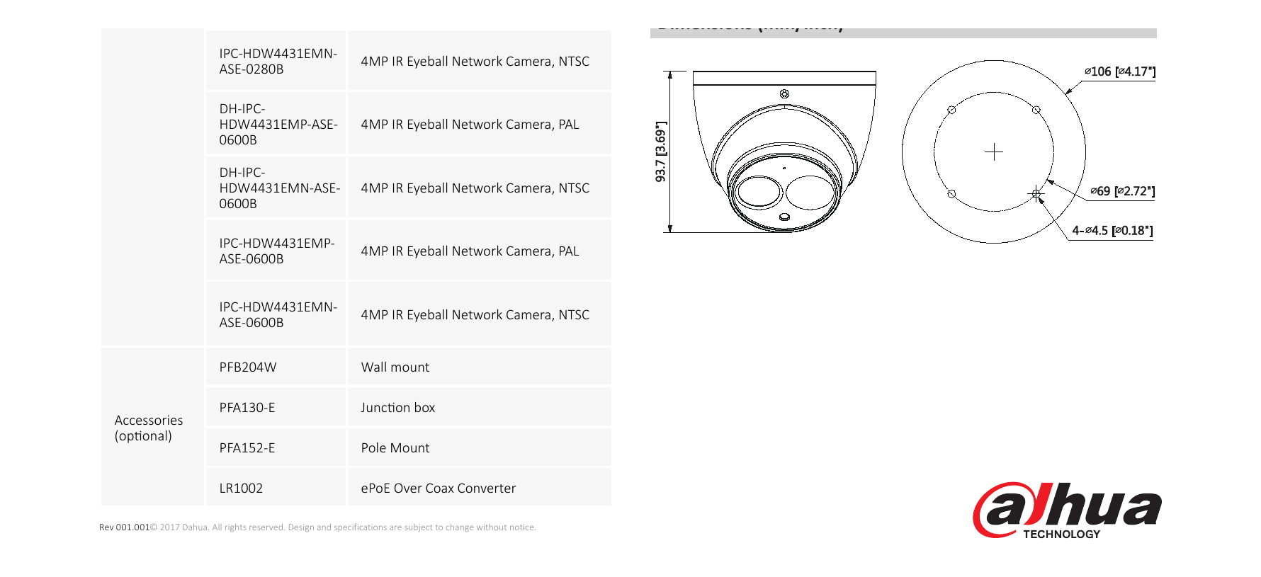 DH-IPC-HDW4431EM-ASE 外形尺寸圖 Φ106mm×93.7mm (4.17”×3.69”)｜Unit: mm
