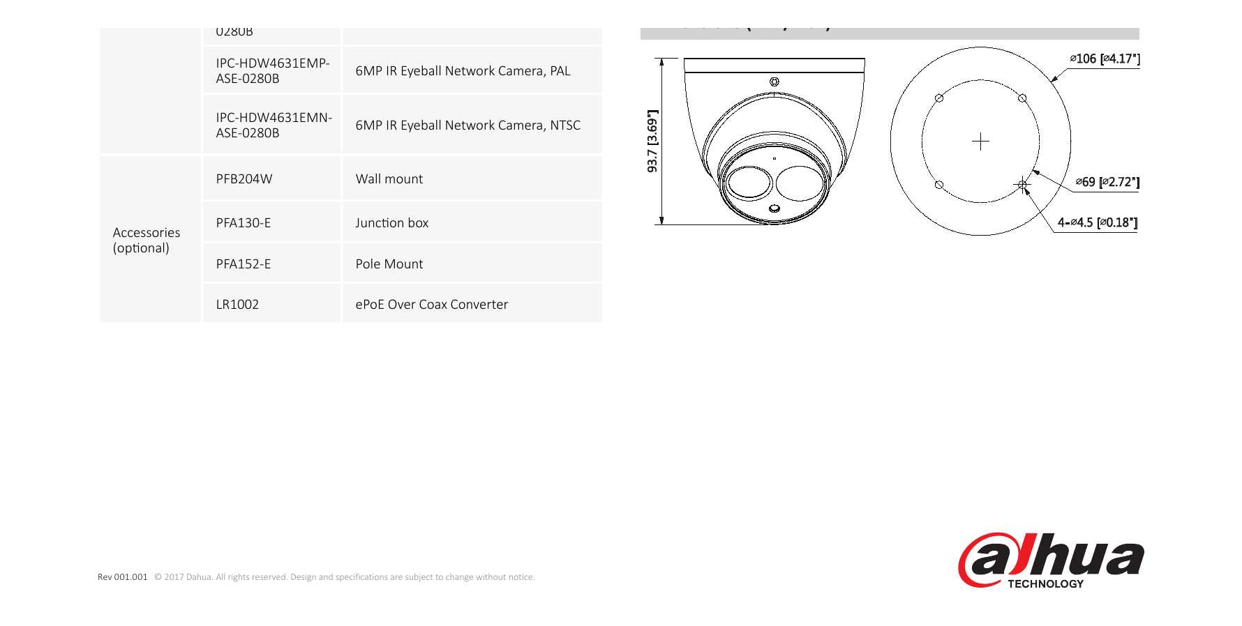 DH-IPC-HDW4631EM-ASE 外形尺寸圖 Φ106mm×93.7mm (4.17”×3.69”)｜Unit: mm