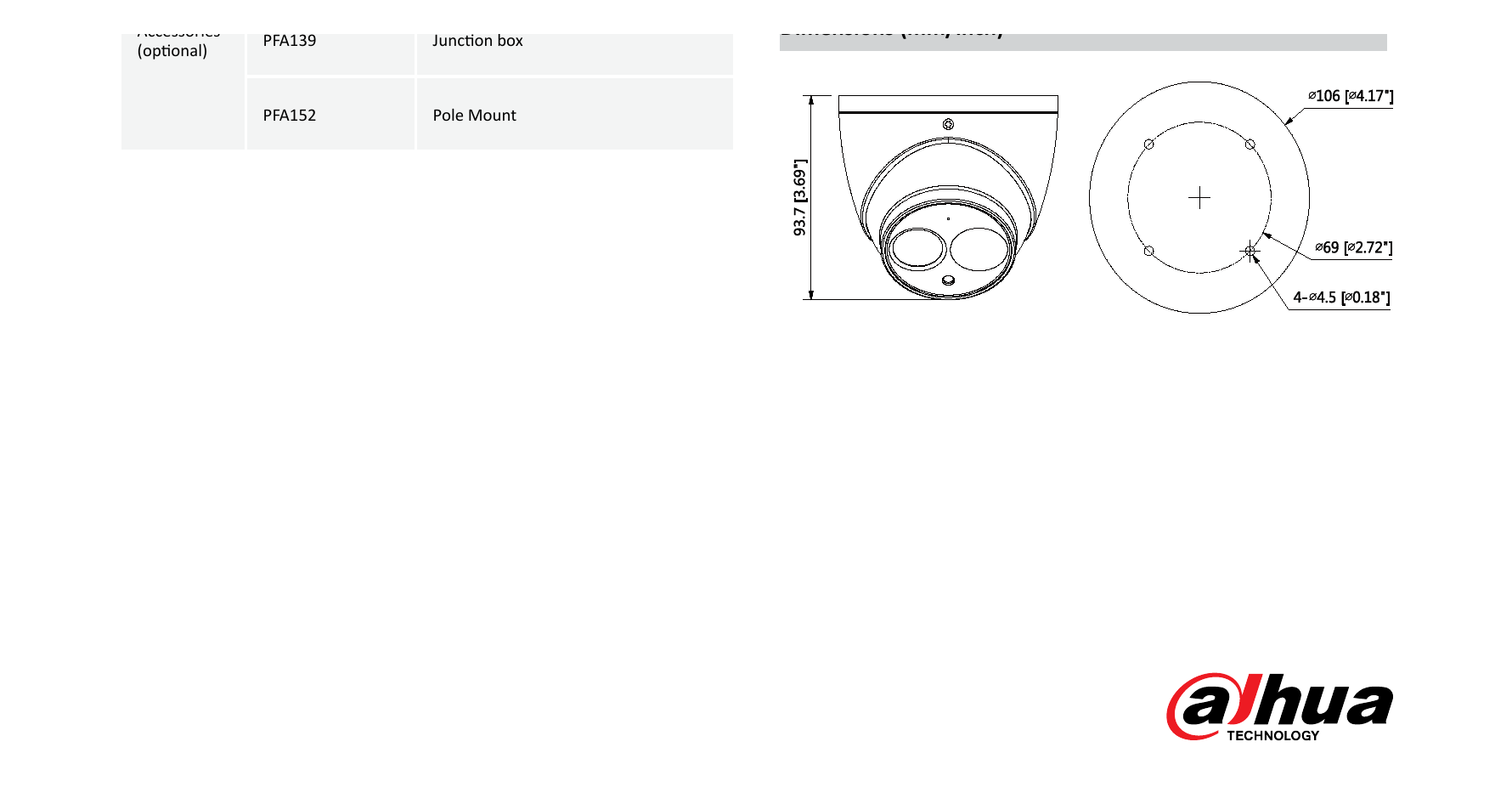 DH-IPC-HDW4830EM-AS 外形尺寸圖 Φ106mm×93.7mm (4.17”×3.69”)｜Unit: mm