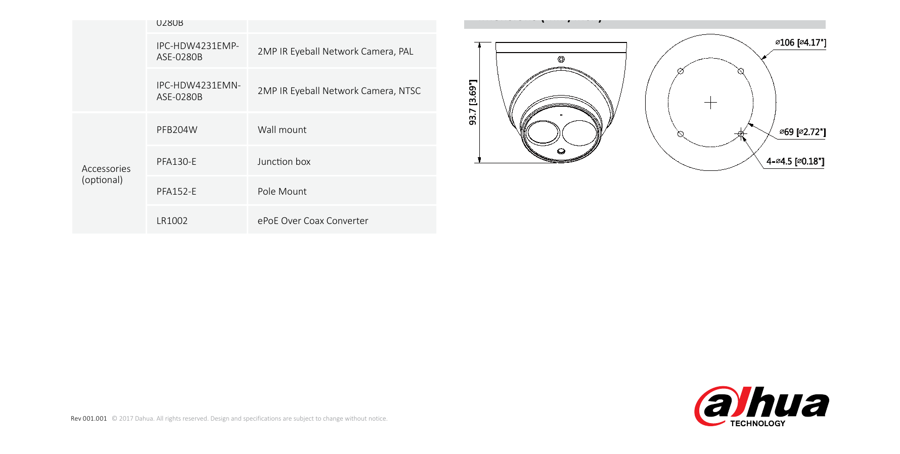 DH-IPC-HDW4831EM-ASE 外形尺寸圖 Φ106mm×93.7mm (4.17”×3.69”)｜Unit: mm
