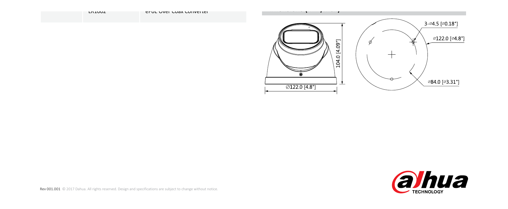 DH-IPC-HDW5231R-ZE 外形尺寸圖 Φ122mm×104mm( 4.8”×4.09”)｜Unit: mm