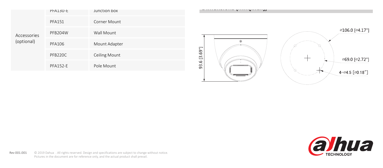 DH-IPC-HDW5241TM-ASE 外形尺寸圖 Φ106 mm × 93.6 mm (4.17” × 3.69”)｜Unit: mm