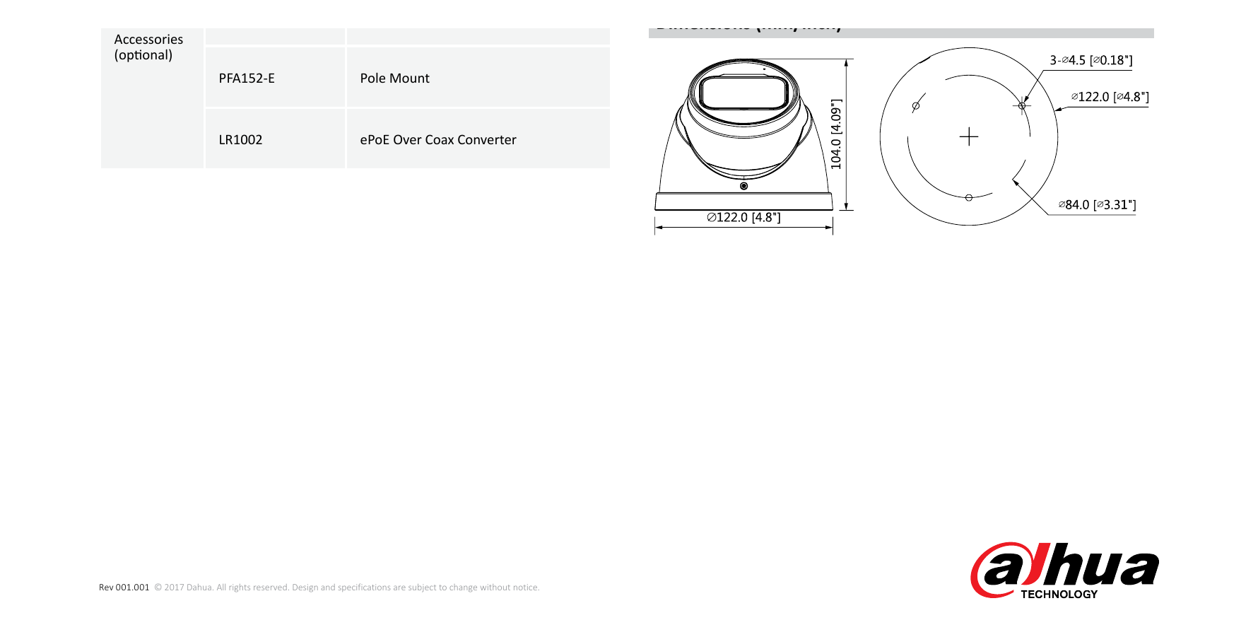 DH-IPC-HDW5431R-ZE 外形尺寸圖 Φ122mm×104mm( 4.8”×4.09”)｜Unit: mm