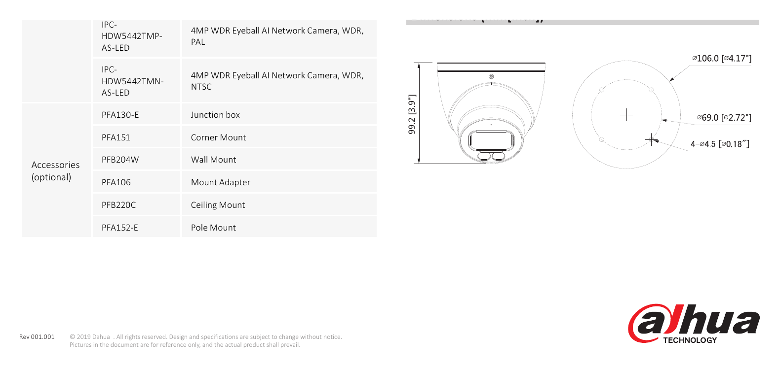 DH-IPC-HDW5442TM-AS-LED 外形尺寸圖 Φ106 mm × 99.2 mm (4.17” × 3.91”)｜Unit: mm