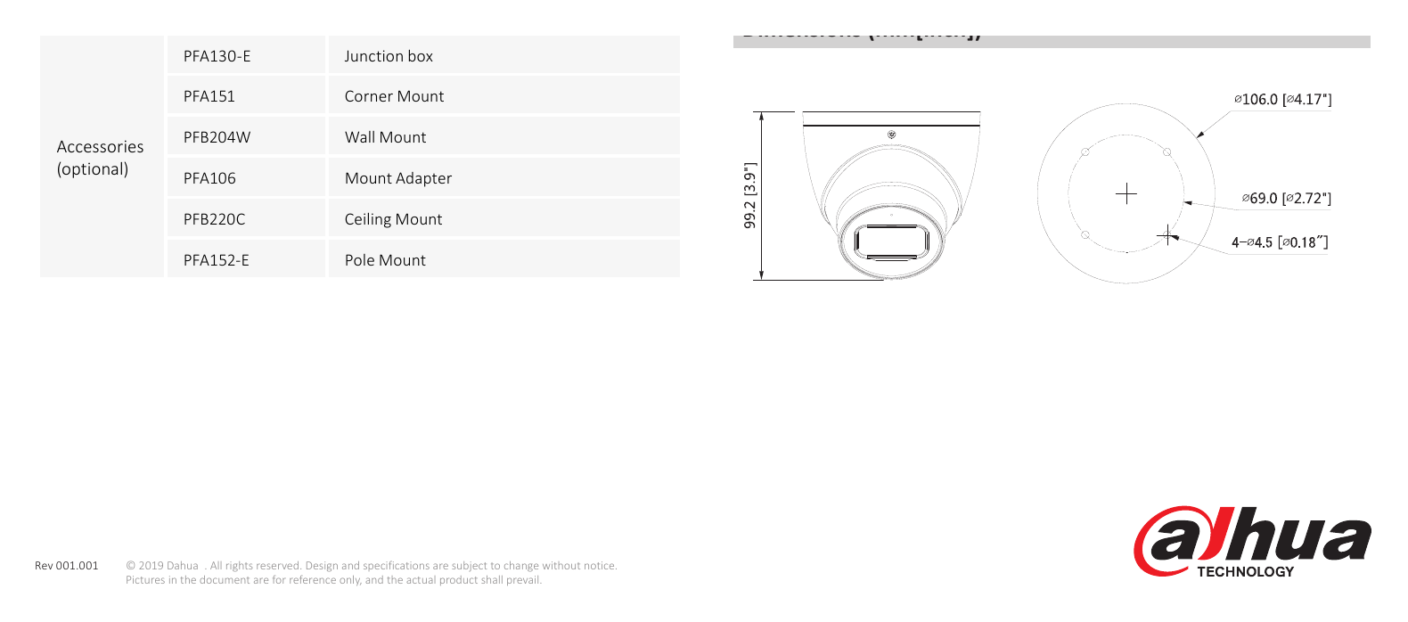 DH-IPC-HDW5442TM-ASE 外形尺寸圖 Φ106 mm × 99.2 mm (4.17” × 3.91”)｜Unit: mm
