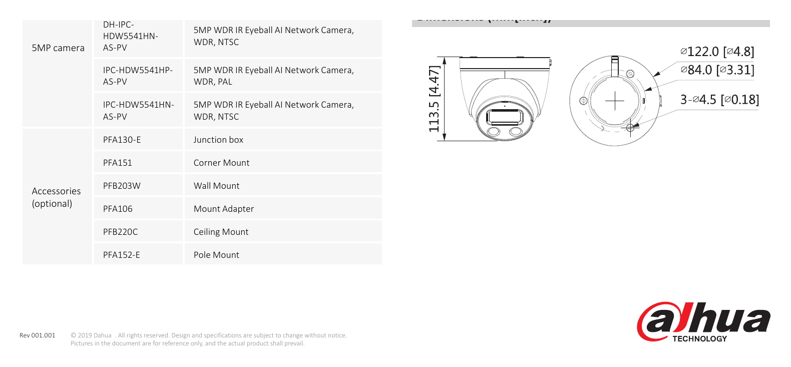 DH-IPC-HDW5541H-AS-PV 外形尺寸圖 Φ122 mm × 113.5 mm (4.80” × 4.47”)｜Unit: mm