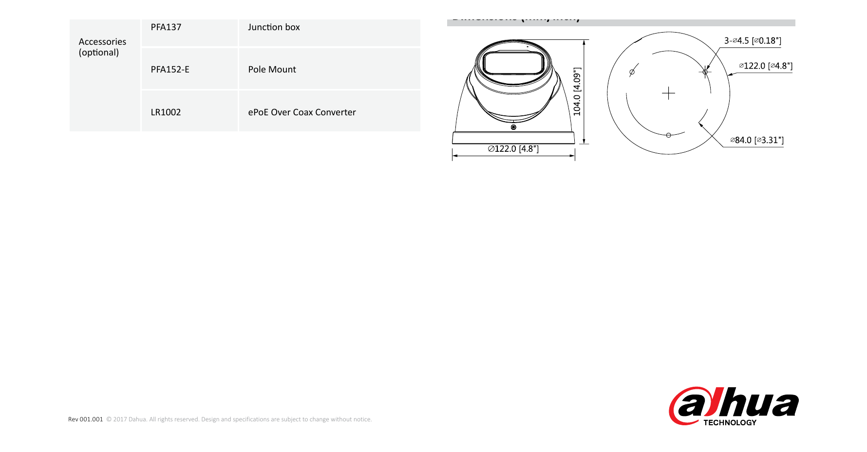 DH-IPC-HDW5631R-ZE 外形尺寸圖 Φ122mm×104mm( 4.8”×4.09”)｜Unit: mm