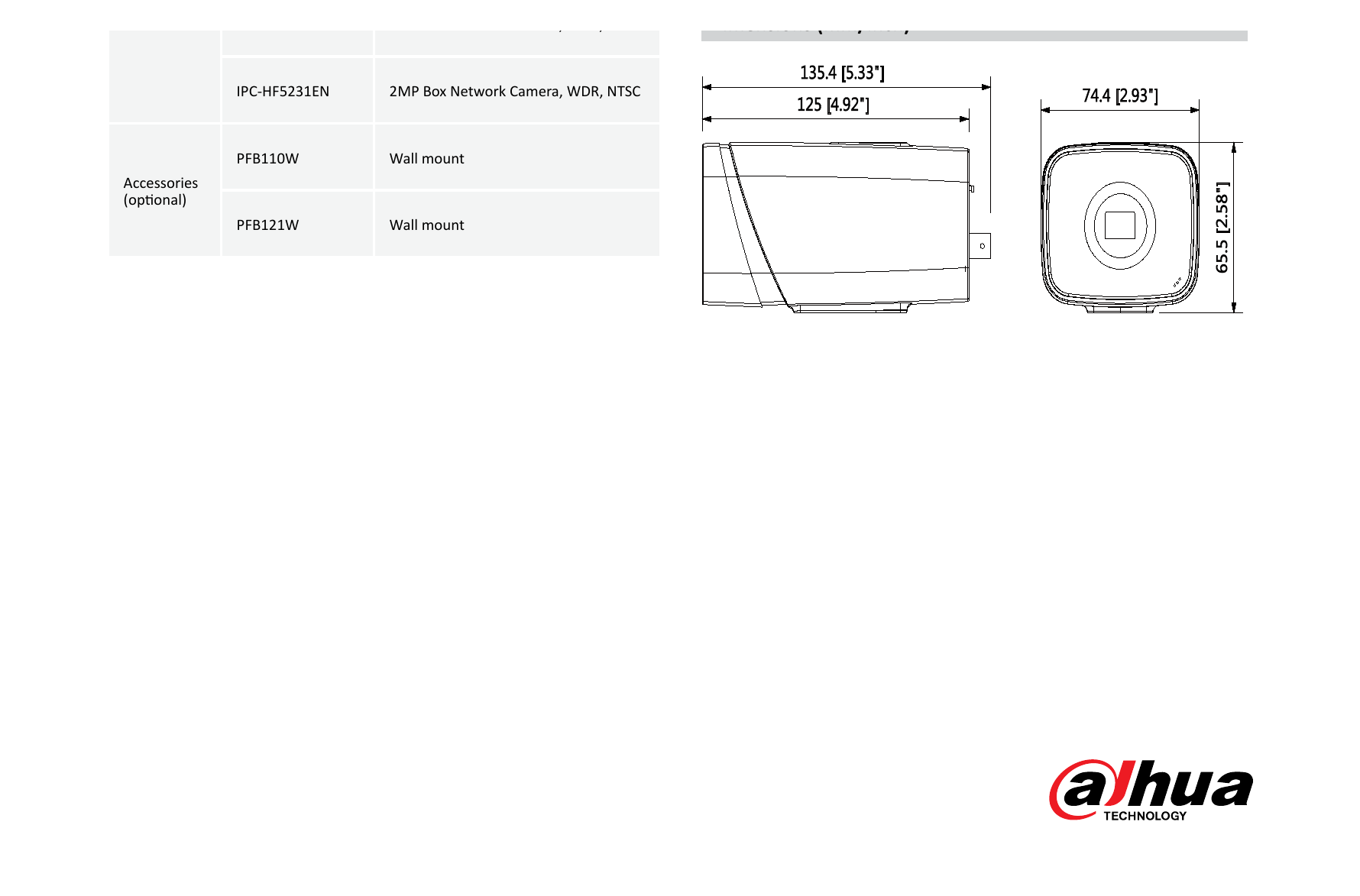 DH-IPC-HF5231E 外形尺寸圖 135.4mm×74.4mm×65.5mm (5.33”×2.93”×2.58”)｜Unit: mm