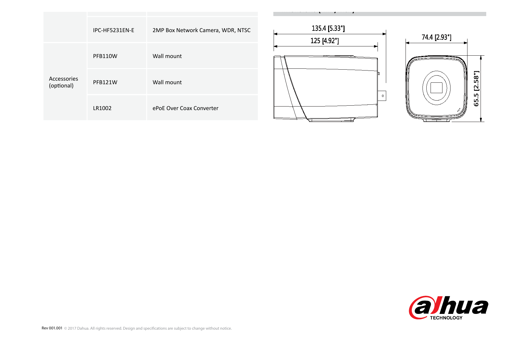 DH-IPC-HF5231E-E 外形尺寸圖 135.4mm×74.4mm×65.5mm (5.33”×2.93”×2.58”)｜Unit: mm