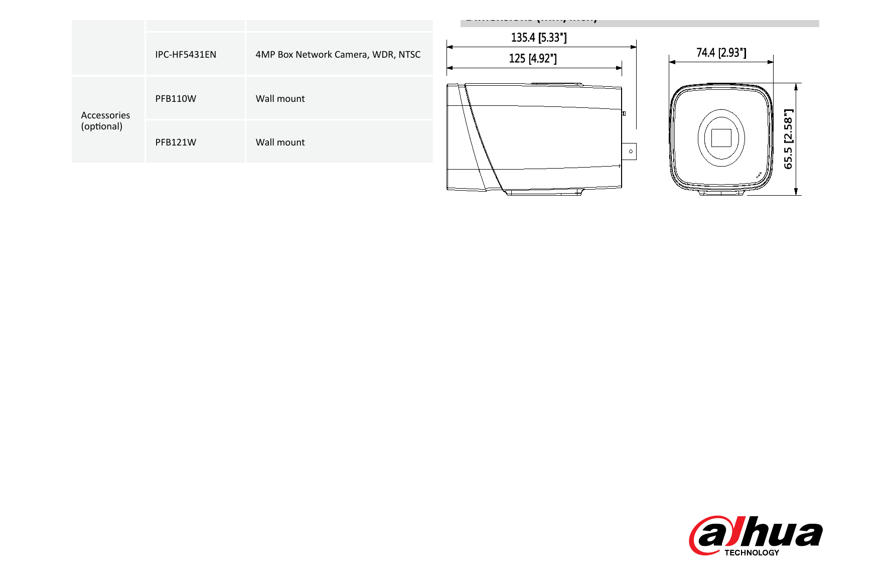 DH-IPC-HF5431E 外形尺寸圖 135.4mm×74.4mm×65.5mm (5.33”×2.93”×2.58”)｜Unit: mm