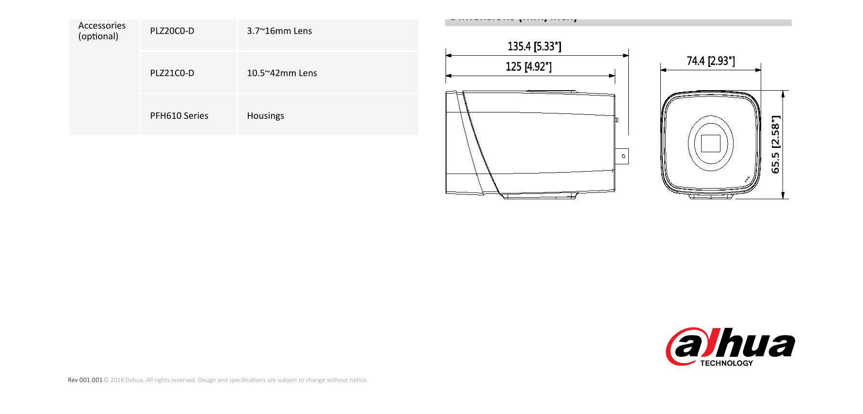 DH-IPC-HF81230E-E 外形尺寸圖 135.4mm×74.4mm×65.5mm (5.33”×2.93”×2.58”)｜Unit: mm