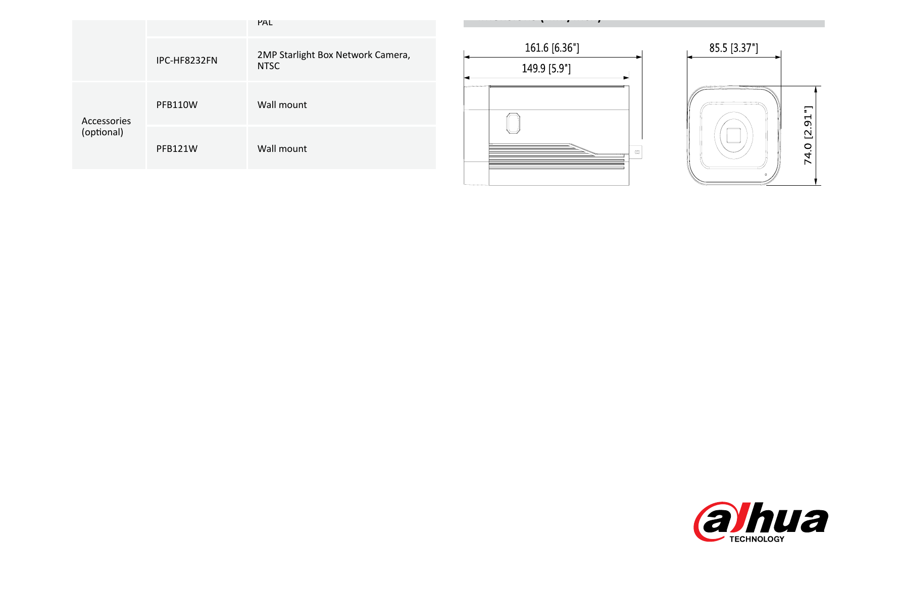 DH-IPC-HF8232F 外形尺寸圖 161.6mm×85.5mm×74.0mm (6.36”×3.37”×2.91”) Wall mount Wall mount｜Unit: mm