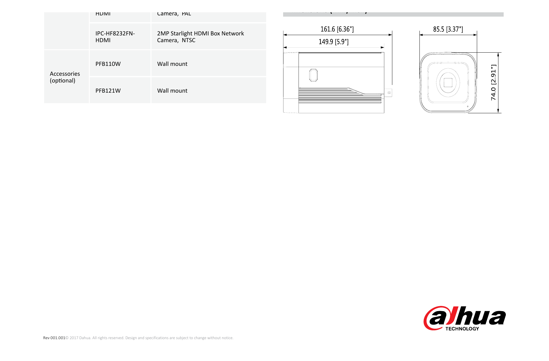DH-IPC-HF8232F-HDMI 外形尺寸圖 161.6mm×85.5mm×74.0mm (6.36”×3.37”×2.91”) Wall mount Wall mount｜Unit: mm