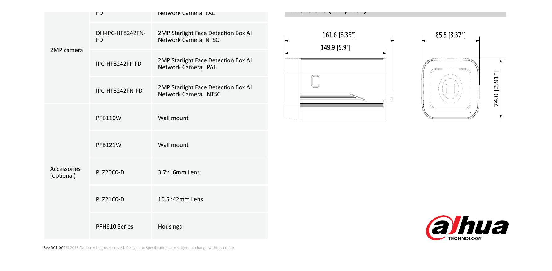 DH-IPC-HF8242F-FD 外形尺寸圖 161.6mm×85.5mm×74.0mm (6.36”×3.37”×2.91”)｜Unit: mm