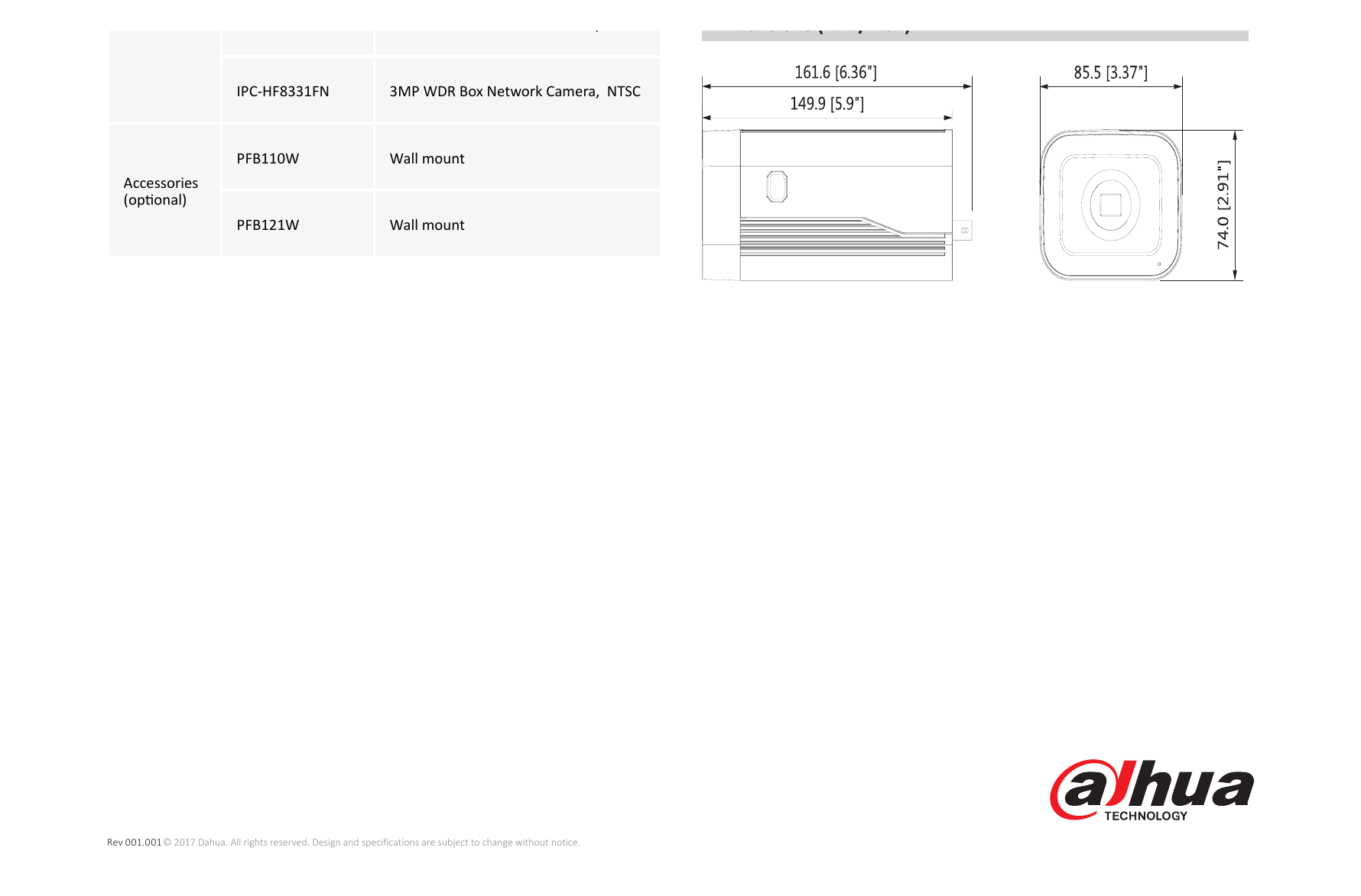 DH-IPC-HF8331F 外形尺寸圖 161.6mm×85.5mm×74.0mm (6.36”×3.37”×2.91”) Wall mount Wall mount｜Unit: mm