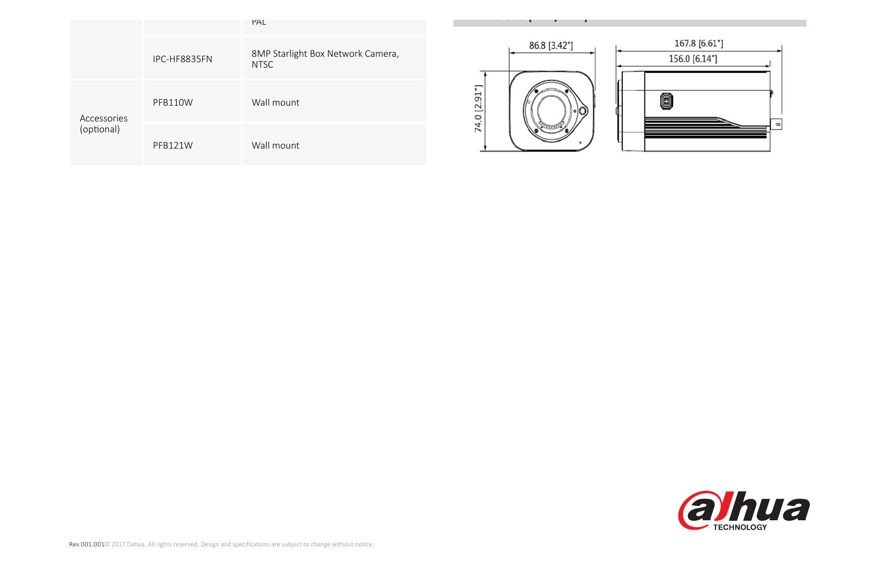 DH-IPC-HF8835F 外形尺寸圖 167.8mm×86.8mm×74.0mm (6.61”×3.42”×2.91”) Wall mount Wall mount｜Unit: mm