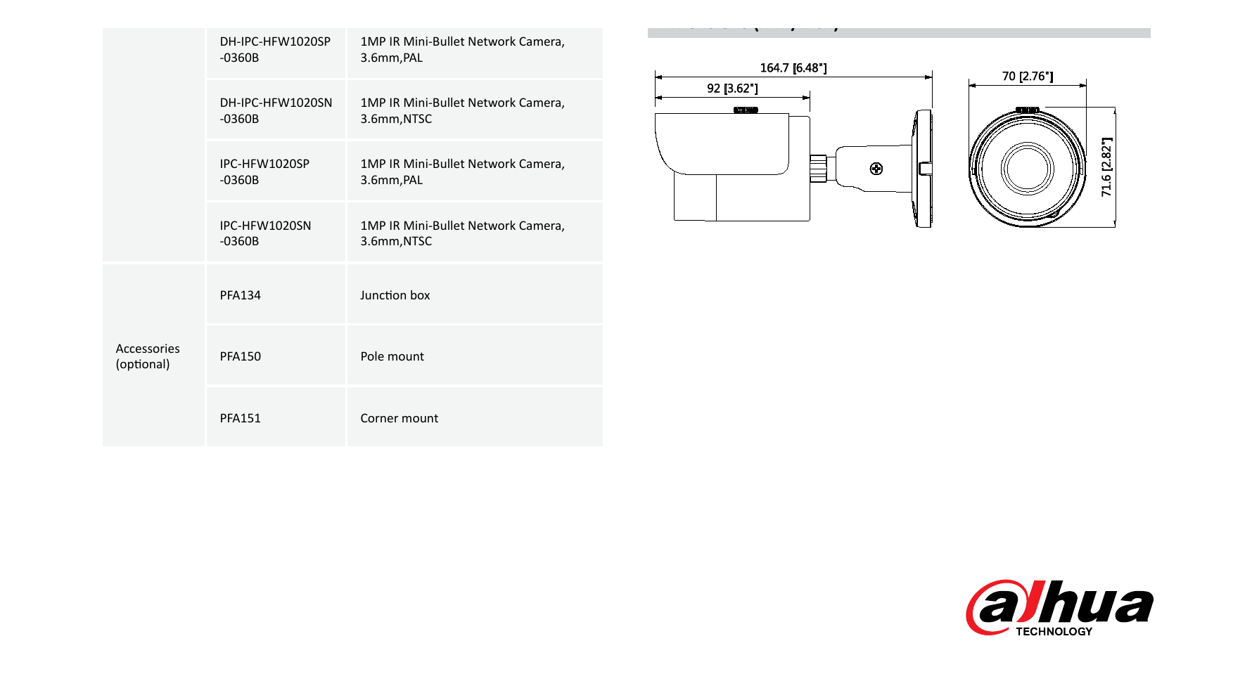 DH-IPC-HFW1020S 外形尺寸圖 Φ70mm×164.7mm(2.76''x6.49'') PFA134 + PFA151 PFA134 + PFA150｜Unit: mm
