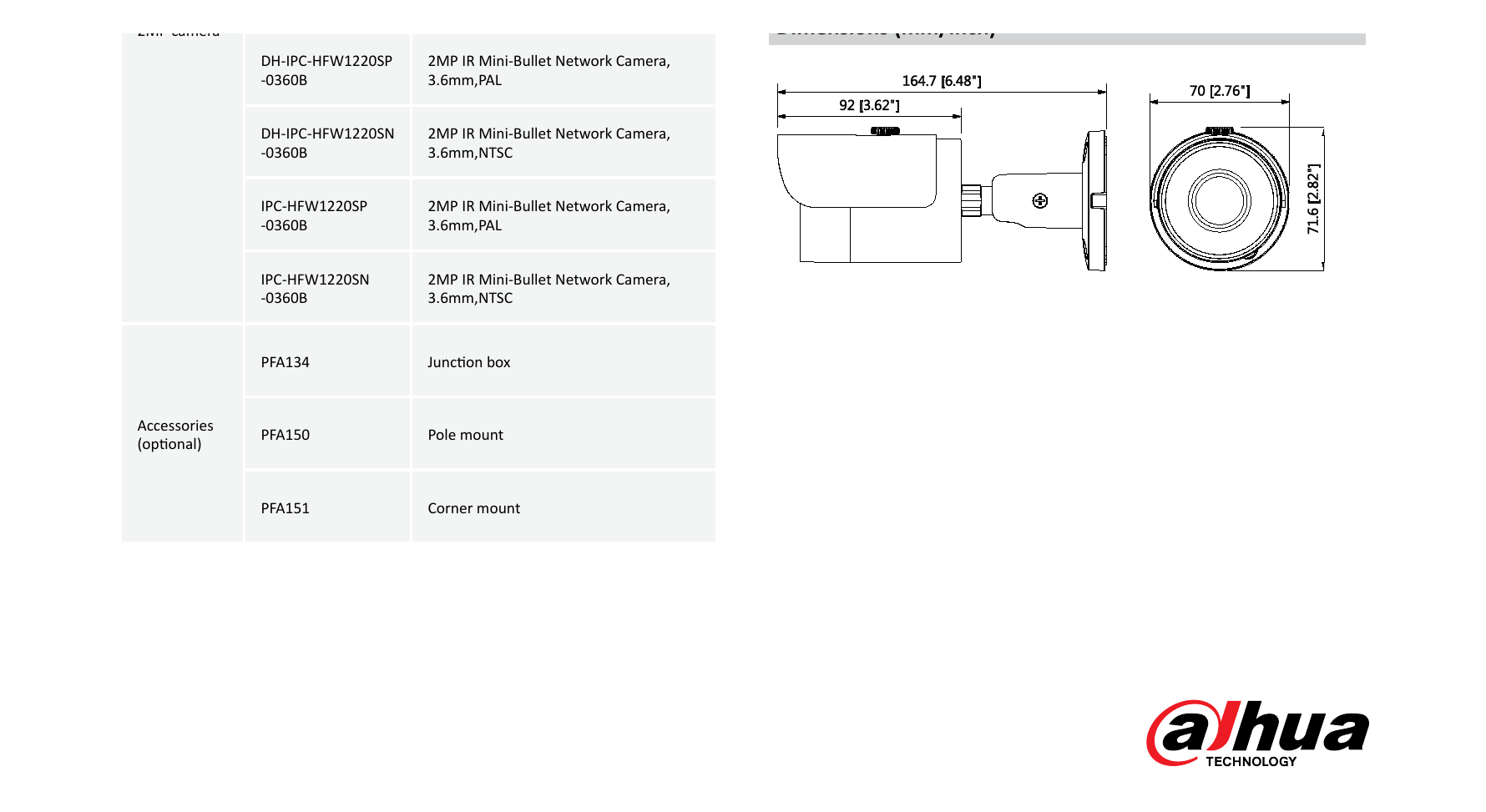 DH-IPC-HFW1220S 外形尺寸圖 Φ70mm×164.7mm(2.76''x6.49'') PFA134 + PFA151 PFA134 + PFA150｜Unit: mm