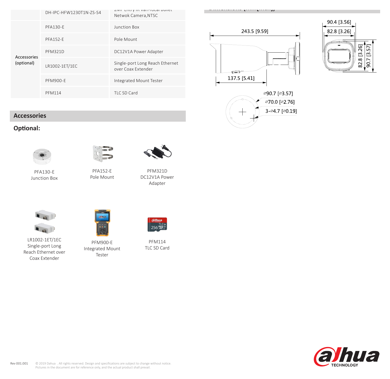 DH-IPC-HFW1230T1-ZS-S4-DATASHEET-1911061 外形尺寸圖 243.5 mm × Φ90.7 mm (9.6" × Φ3.6")｜Unit: mm