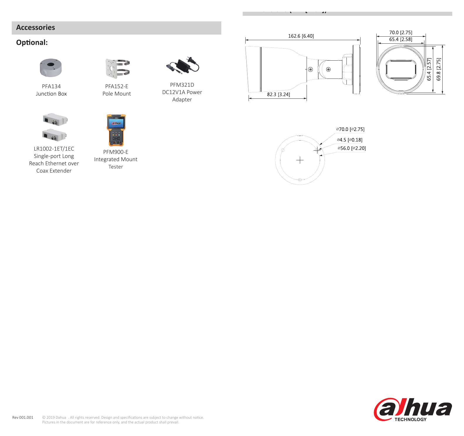 DH-IPC-HFW1239S1-LED-S5 外形尺寸圖 162.6 mm × Φ70 mm (6.4" × Φ2.8") H.264: 32 Kbps–6144 Kbps｜Unit: mm