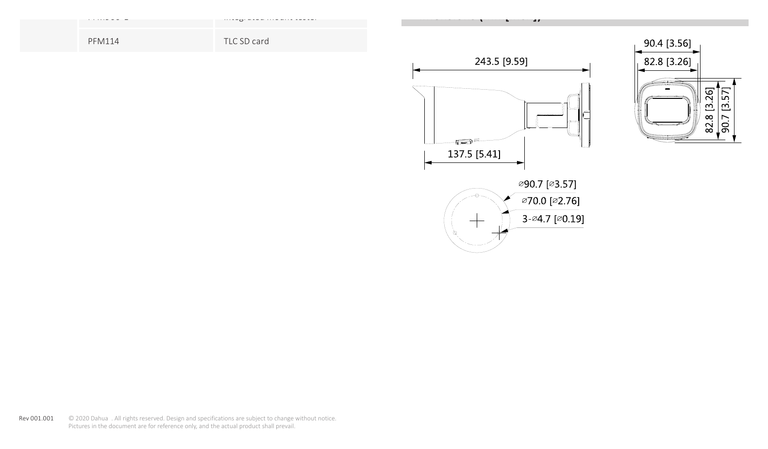 DH-IPC-HFW1431T1-ZS-S4 外形尺寸圖 243.5 mm × Φ90.7 mm (9.6" × Φ3.6")｜Unit: mm