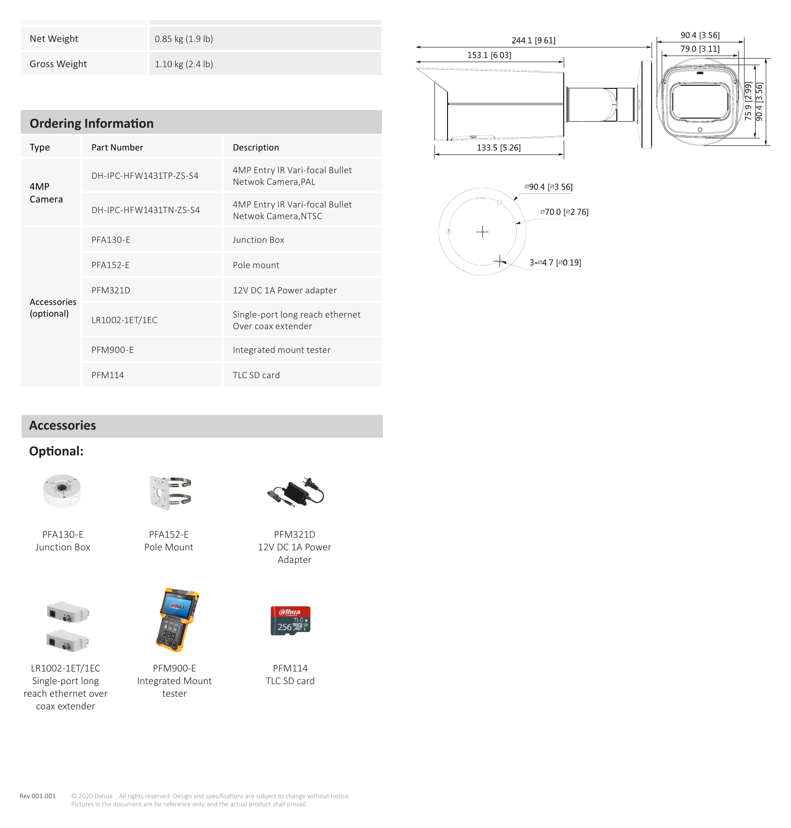 DH-IPC-HFW1431TP-ZS-S4 外形尺寸圖 244.1 mm × Φ90.4 mm (9.6" × Φ3.6") Dimensions (mm[inch])｜Unit: mm