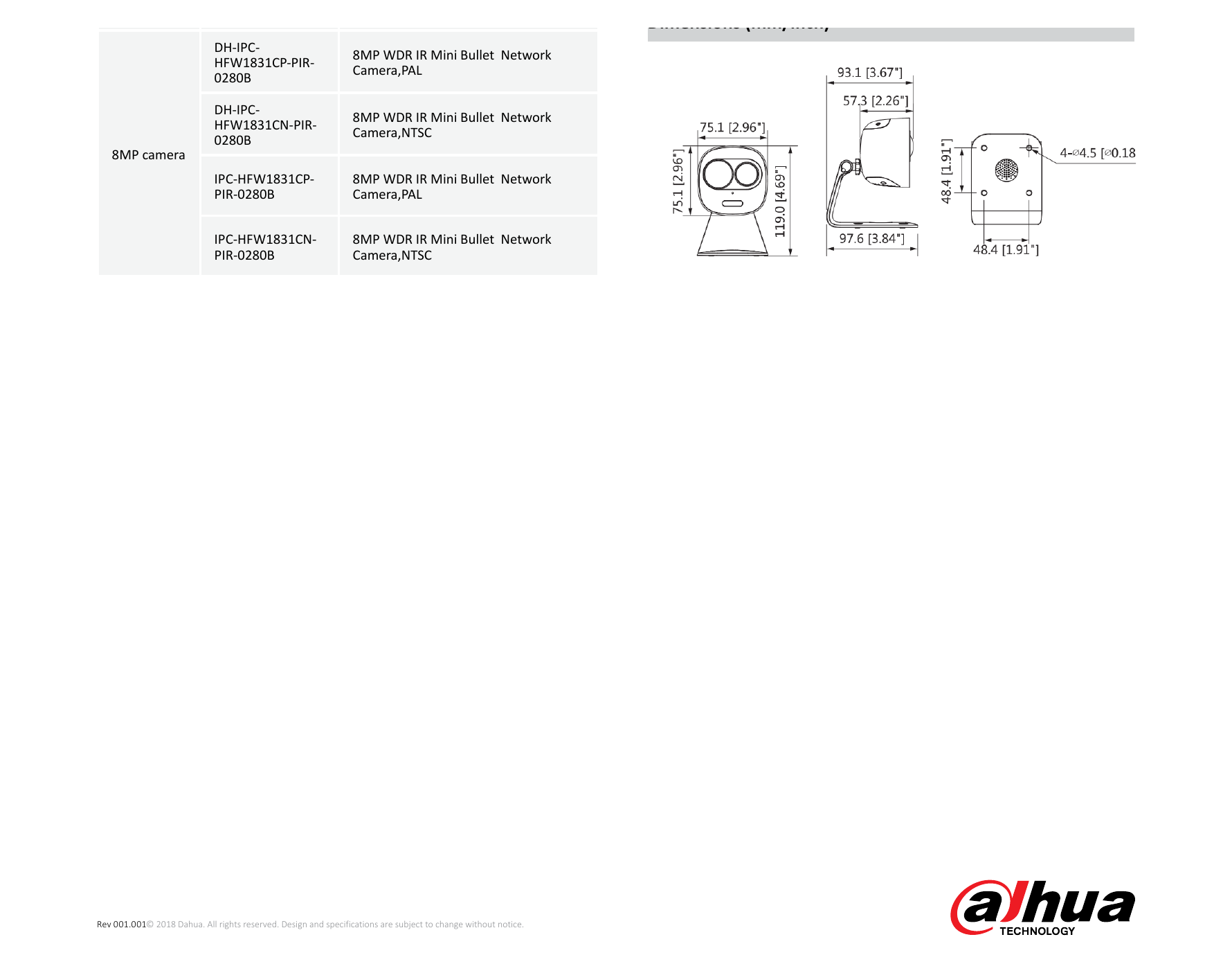 DH-IPC-HFW1831C-PIR 外形尺寸圖 97.6mm×75.1mm×119mm(3.84"x2.96"x4.69")｜Unit: mm