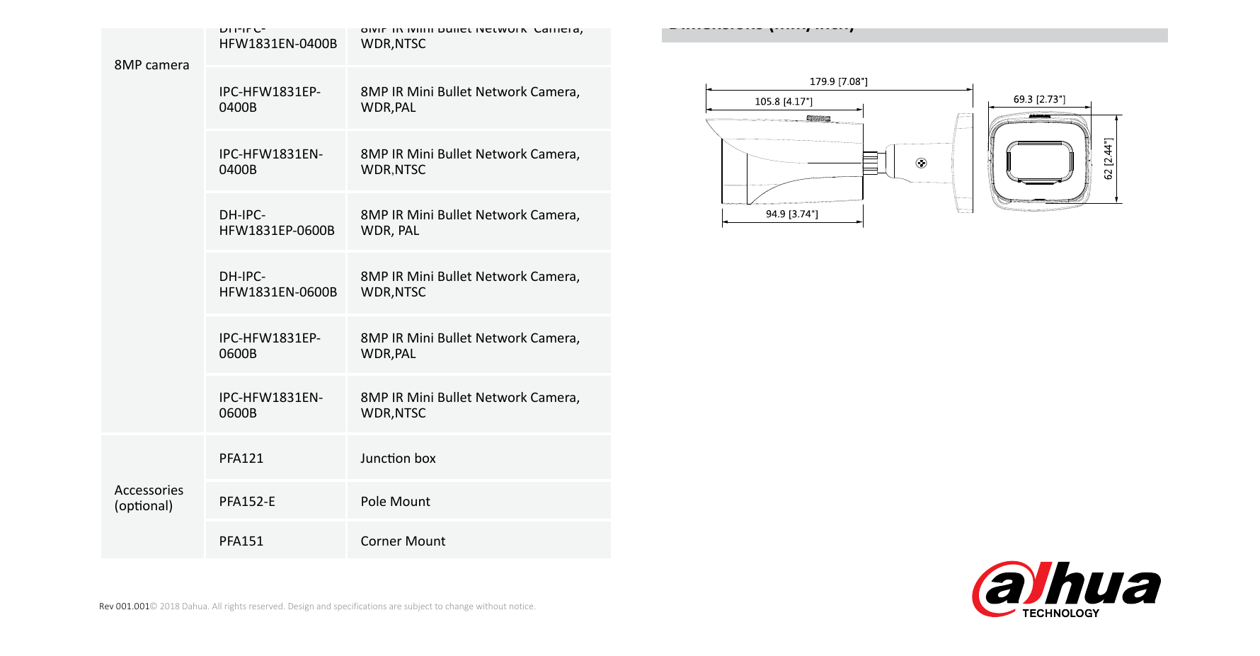 DH-IPC-HFW1831E 外形尺寸圖 179.9mm×69.3mm×62mm (7.08”×2.73”×2.44”)｜Unit: mm