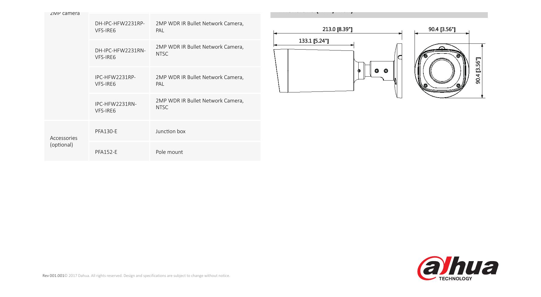 DH-IPC-HFW2231R-ZSVFS-IRE6 外形尺寸圖 72mm×80mm×212.8mm (2.8" x 3.1"x 8.4") PFA130-E PFA130-E+ PFA152-E｜Unit: mm