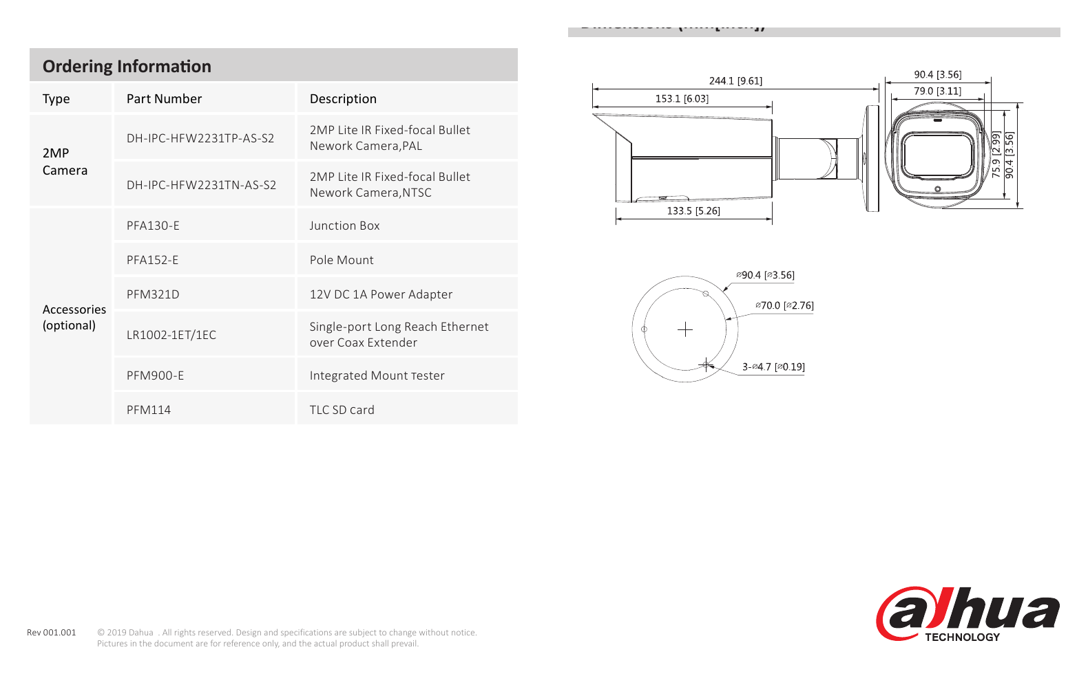 DH-IPC-HFW2231T-AS-S2 外形尺寸圖 244.1 mm × Φ90.4 mm (9.61" × Φ3.26")｜Unit: mm
