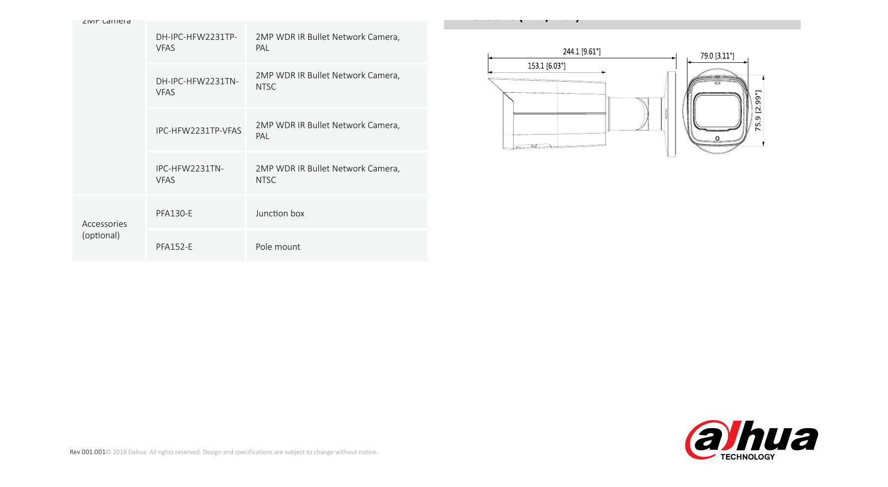 DH-IPC-HFW2231T-ZASVFAS 外形尺寸圖 244.1mm×79mm×75.9mm (9.61”×3.11”×2.99”)｜Unit: mm