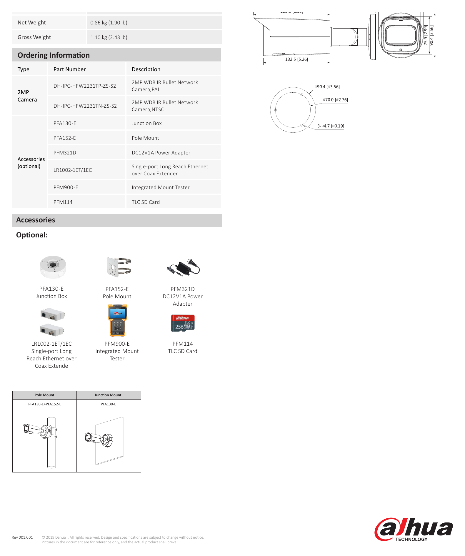 DH-IPC-HFW2231T-ZS-S2-DATASHEET-191011 外形尺寸圖 244.1 mm × Φ90.4 mm (9.61" × Φ3.26")｜Unit: mm