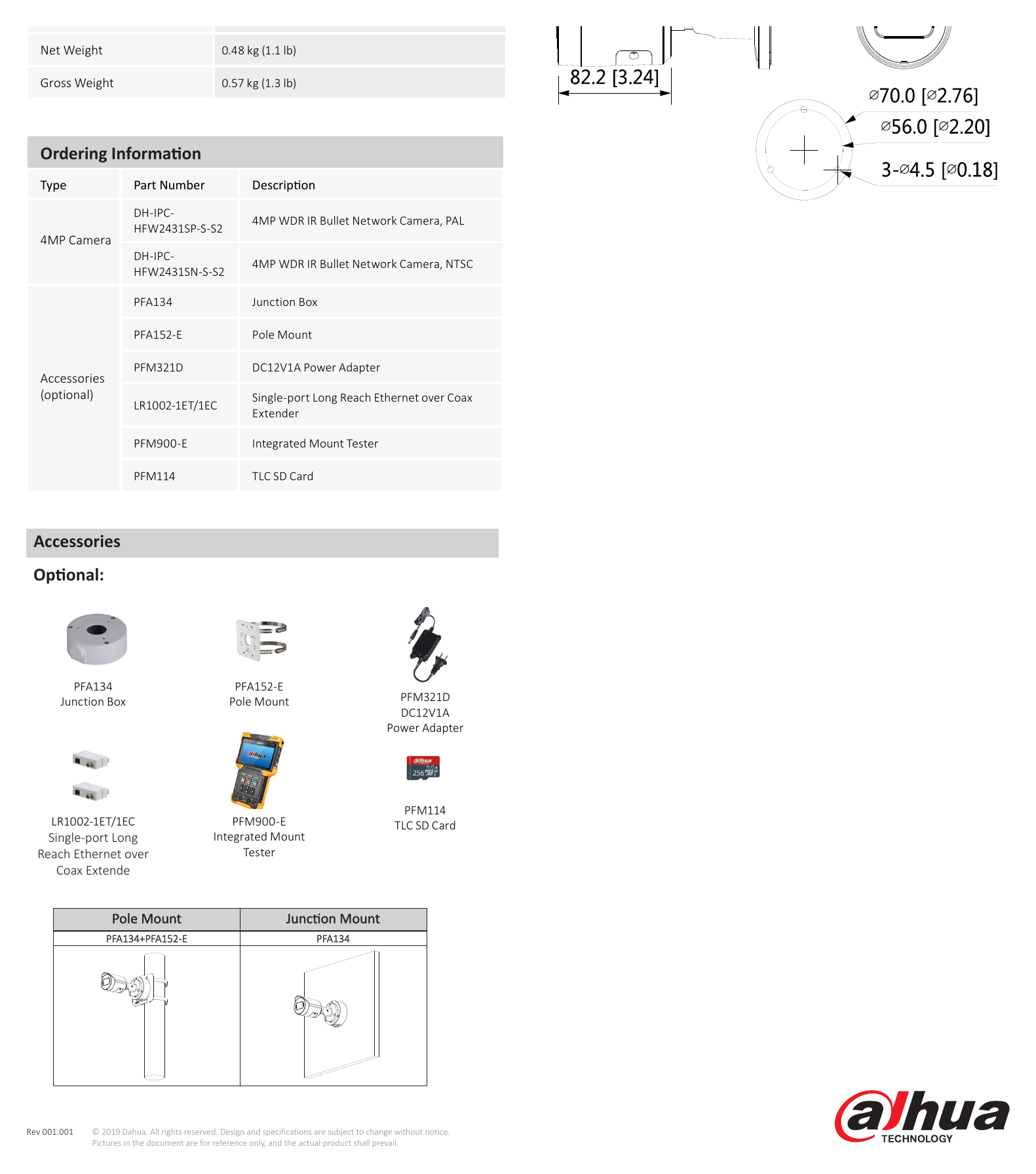 DH-IPC-HFW2431S-S-S2-DATASHEET-191011 外形尺寸圖 166.2 mm × Φ70 mm (6.54" × Φ2.76")｜Unit: mm